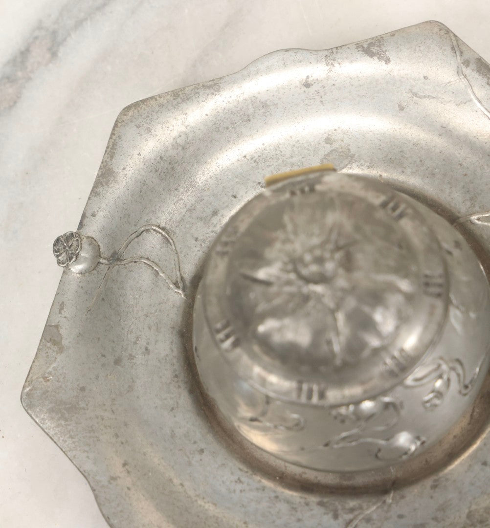 Lot 053 - Antique German Pewter Art Nouveau Inkwell With Dried Poppy Flower Motif, Stamped Germany, With Walter Kimball & Co. Boston Label, Circa Early 20th Century