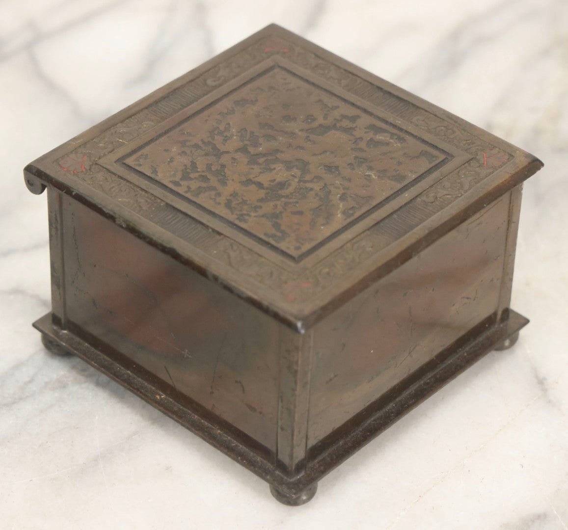 Lot 054 - Antique Solid Bronze Square Inkwell, Stamped “W.G.W.” With “W” In Diamond, “257,” And “Solid Bronze,” On Four Ball Feet, With Glass Insert, Circa Early 20th Century