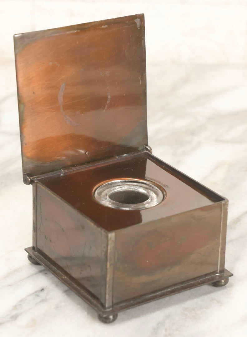 Lot 054 - Antique Solid Bronze Square Inkwell, Stamped “W.G.W.” With “W” In Diamond, “257,” And “Solid Bronze,” On Four Ball Feet, With Glass Insert, Circa Early 20th Century