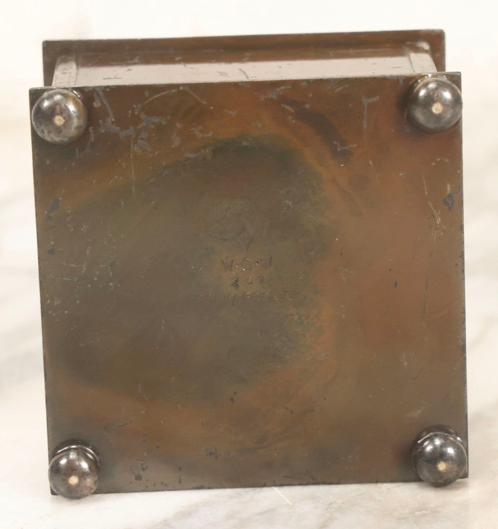 Lot 054 - Antique Solid Bronze Square Inkwell, Stamped “W.G.W.” With “W” In Diamond, “257,” And “Solid Bronze,” On Four Ball Feet, With Glass Insert, Circa Early 20th Century