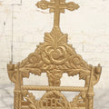 Lot 058 - Vintage Gold-Painted Cast Aluminum Funeral Home Prayer Card Holder With Cross, Filigree Decoration, And I.H.S. Wreath