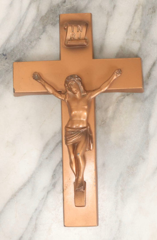 Lot 059 - Vintage Cast Metal Casket Crucifix With Bronze-Tone Finish, 6-3/8" x 10-1/8"