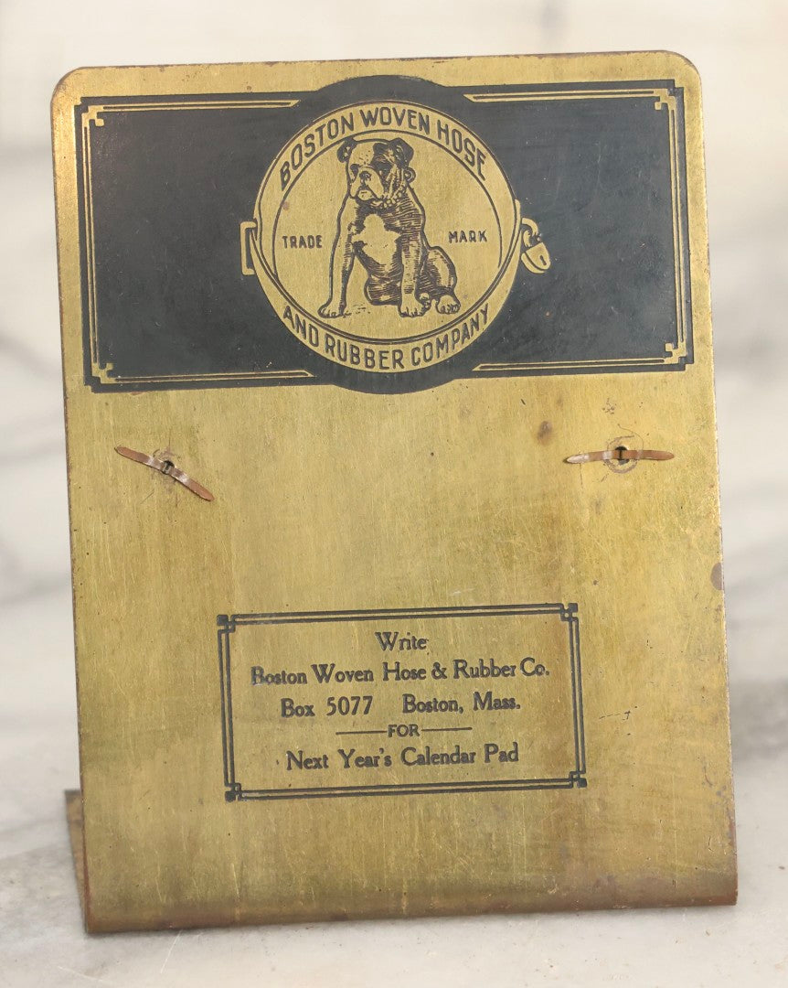 Lot 062 - Vintage Brass Advertising Calendar Holder For Boston Woven Hose & Rubber Company With Bulldog Logo Trademark