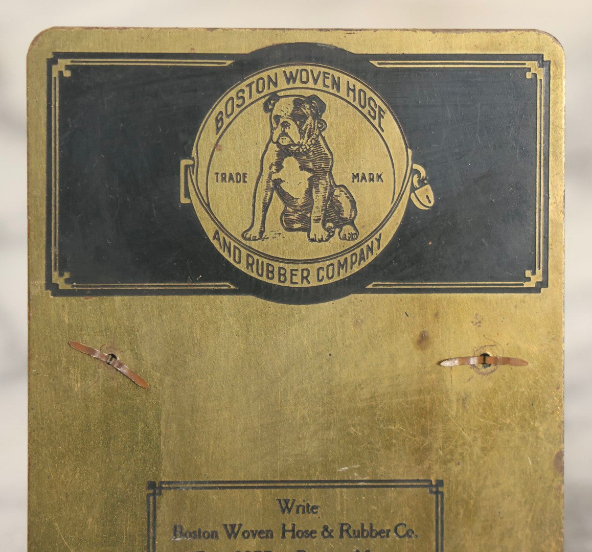 Lot 062 - Vintage Brass Advertising Calendar Holder For Boston Woven Hose & Rubber Company With Bulldog Logo Trademark