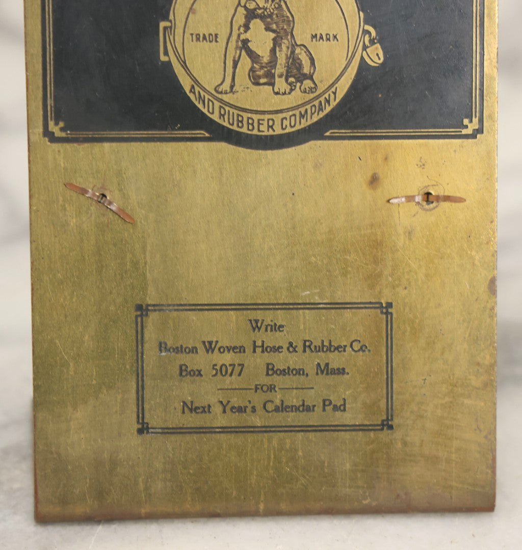Lot 062 - Vintage Brass Advertising Calendar Holder For Boston Woven Hose & Rubber Company With Bulldog Logo Trademark