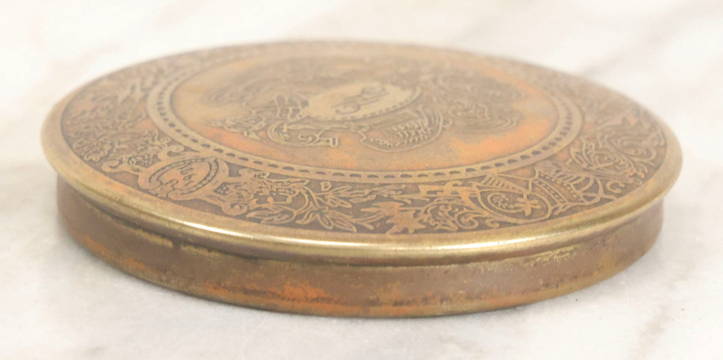 Lot 063 - Antique 1921 C. H. Hanson Co. Chicago Brass Advertising Paperweight With Ornate Crest And Motto "Handsome Is What Hanson Does," 3-3/8" Diameter