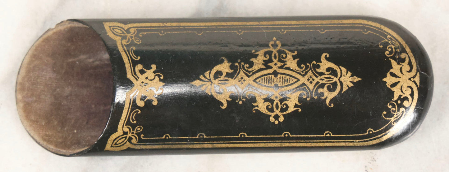 Lot 065 - Antique Brass Frame Eyeglasses With Blue-Green Tinted Lenses And Folding Side Extensions, In Black Lacquered Papier-Mâché Case With Gilt Detailing