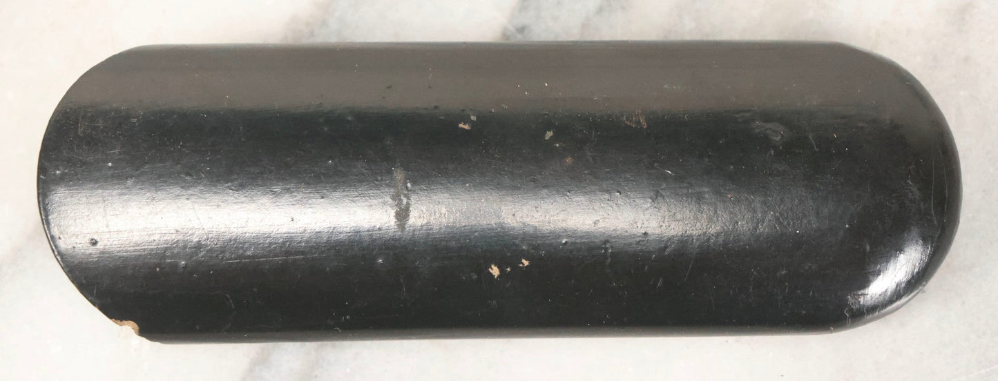 Lot 065 - Antique Brass Frame Eyeglasses With Blue-Green Tinted Lenses And Folding Side Extensions, In Black Lacquered Papier-Mâché Case With Gilt Detailing