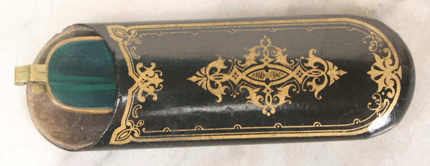 Lot 065 - Antique Brass Frame Eyeglasses With Blue-Green Tinted Lenses And Folding Side Extensions, In Black Lacquered Papier-Mâché Case With Gilt Detailing