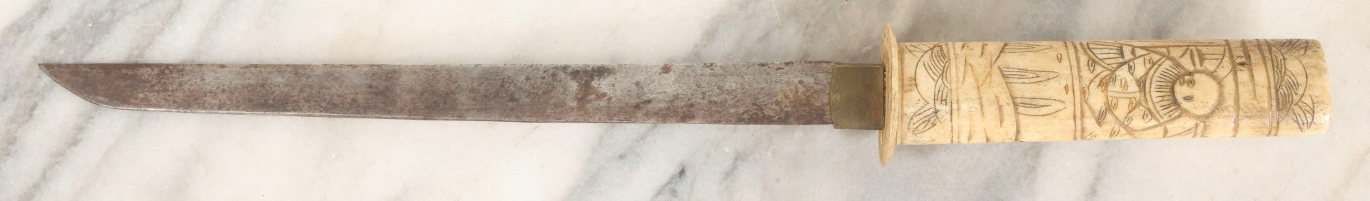 Lot 066 - Antique Japanese Knife With Carved Bone Handle Depicting Figures In Traditional Dress, Steel Blade, 14-3/4" L With 10" Blade