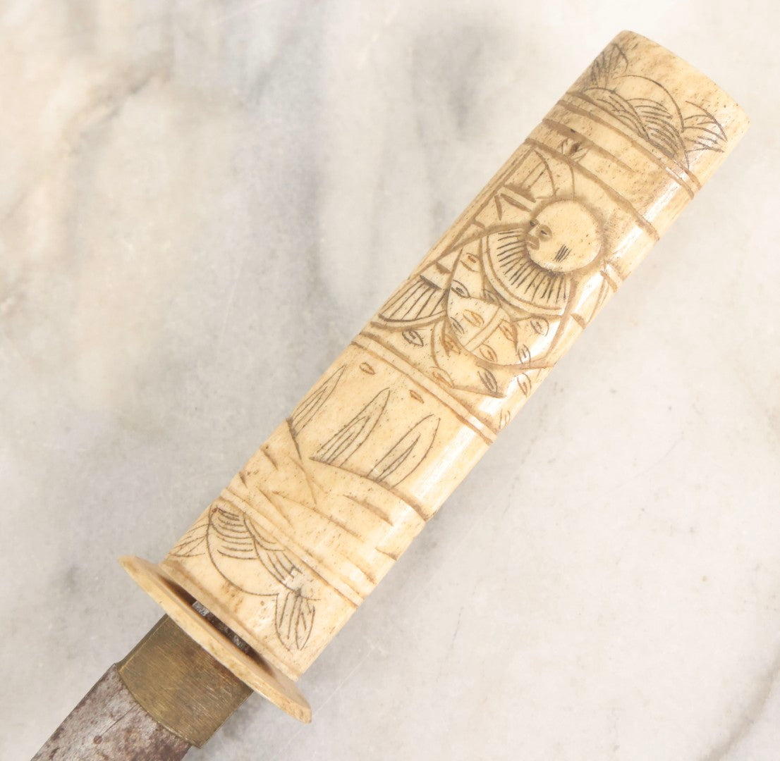 Lot 066 - Antique Japanese Knife With Carved Bone Handle Depicting Figures In Traditional Dress, Steel Blade, 14-3/4" L With 10" Blade