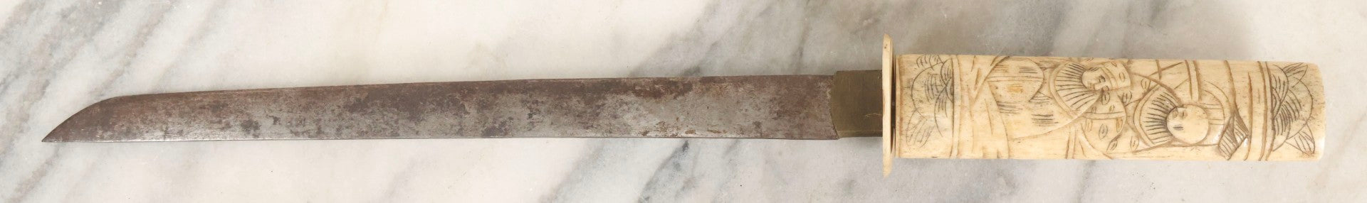 Lot 066 - Antique Japanese Knife With Carved Bone Handle Depicting Figures In Traditional Dress, Steel Blade, 14-3/4" L With 10" Blade