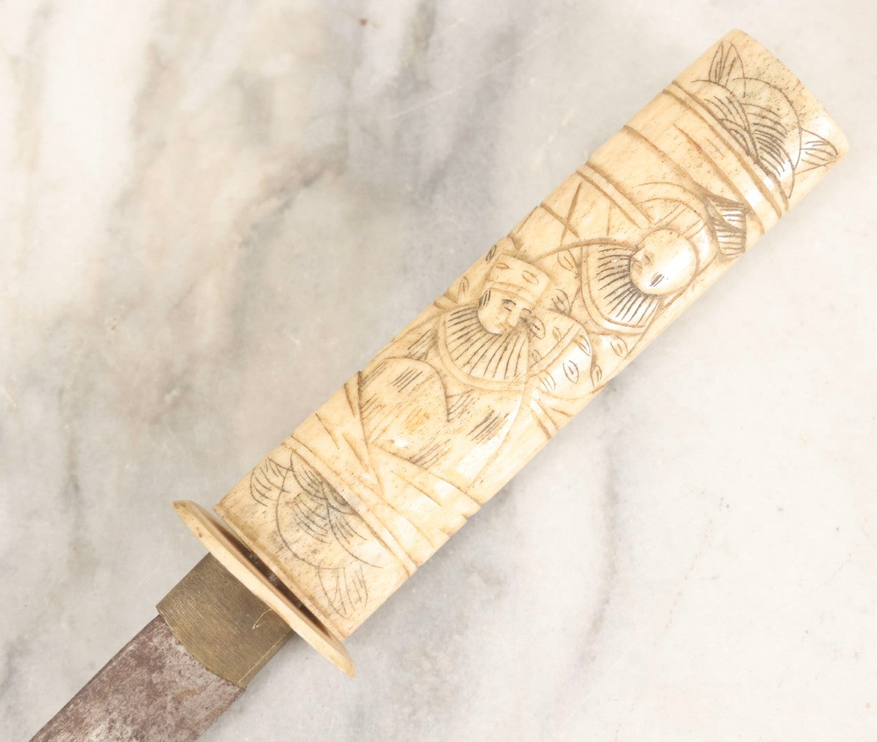 Lot 066 - Antique Japanese Knife With Carved Bone Handle Depicting Figures In Traditional Dress, Steel Blade, 14-3/4" L With 10" Blade