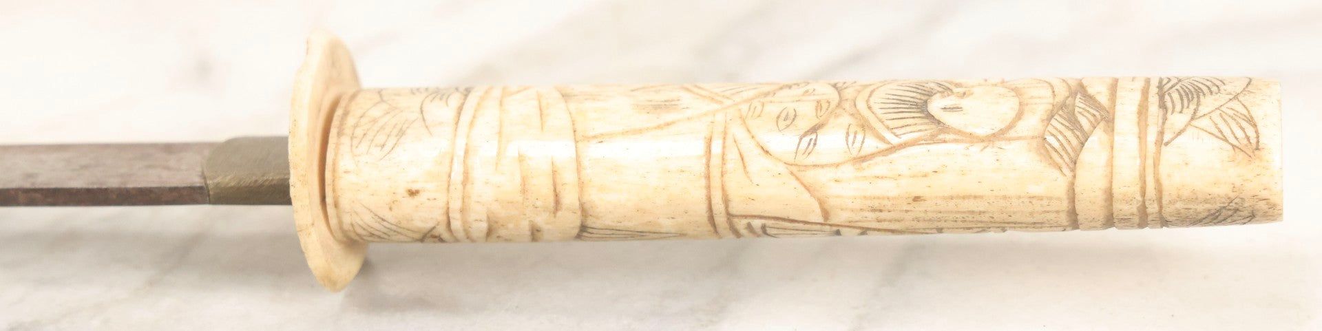 Lot 066 - Antique Japanese Knife With Carved Bone Handle Depicting Figures In Traditional Dress, Steel Blade, 14-3/4" L With 10" Blade