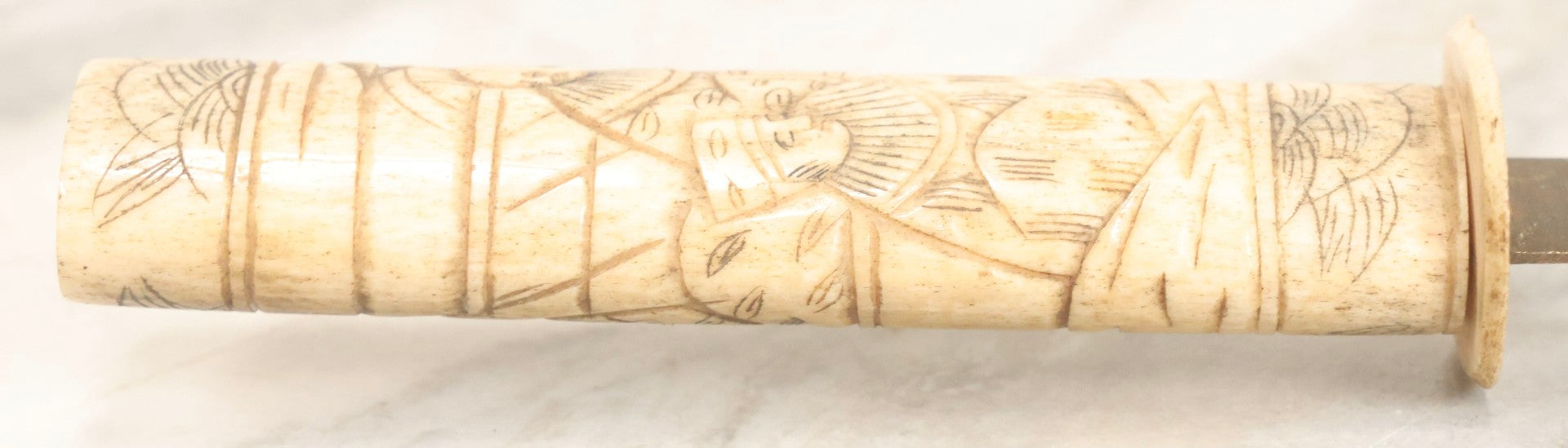 Lot 066 - Antique Japanese Knife With Carved Bone Handle Depicting Figures In Traditional Dress, Steel Blade, 14-3/4" L With 10" Blade