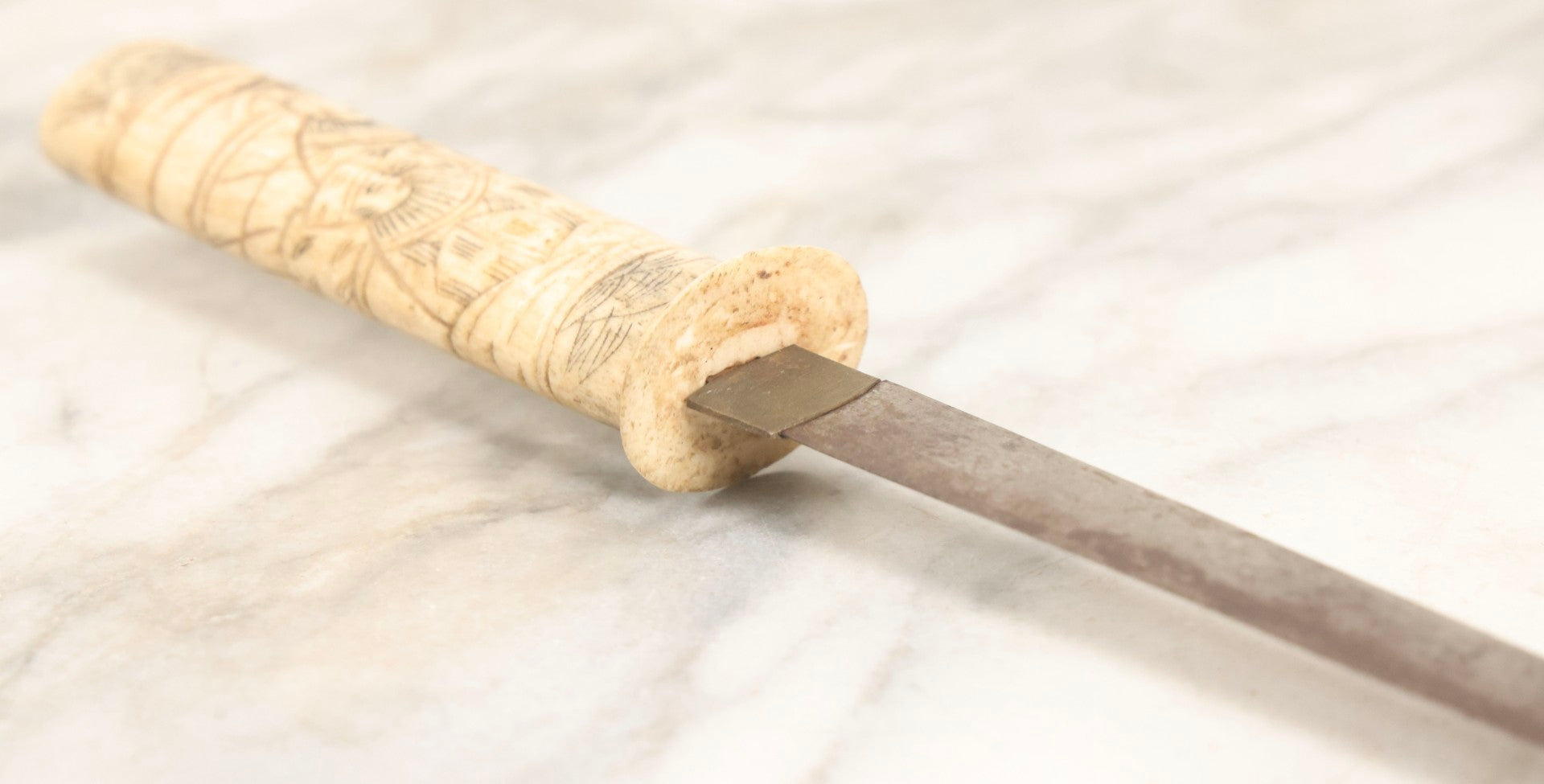 Lot 066 - Antique Japanese Knife With Carved Bone Handle Depicting Figures In Traditional Dress, Steel Blade, 14-3/4" L With 10" Blade