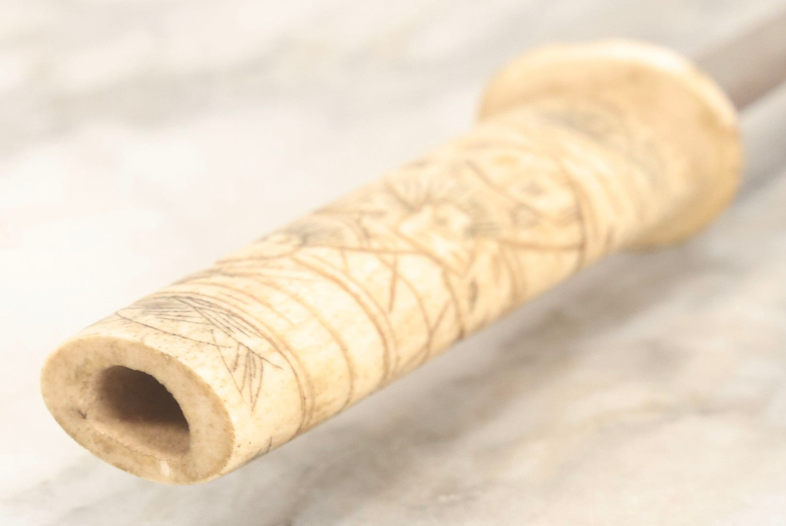 Lot 066 - Antique Japanese Knife With Carved Bone Handle Depicting Figures In Traditional Dress, Steel Blade, 14-3/4" L With 10" Blade