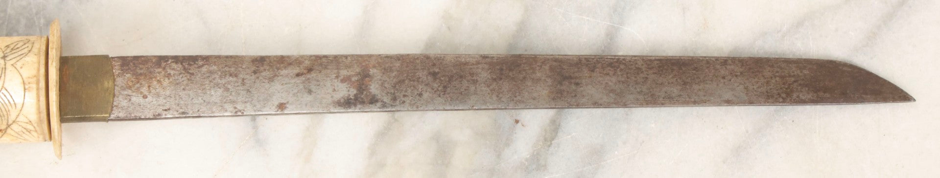 Lot 066 - Antique Japanese Knife With Carved Bone Handle Depicting Figures In Traditional Dress, Steel Blade, 14-3/4" L With 10" Blade