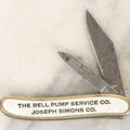 Lot 067 - Vintage Brass-Framed Pocket Knife With Mother-Of-Pearl Inlay Advertising The Bell Pump Services Co. And Joseph Simons Co., Colonial, Providence, Rhode Island, 3-1/4" L