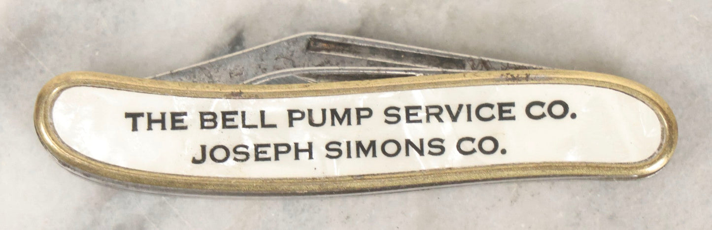Lot 067 - Vintage Brass-Framed Pocket Knife With Mother-Of-Pearl Inlay Advertising The Bell Pump Services Co. And Joseph Simons Co., Colonial, Providence, Rhode Island, 3-1/4" L
