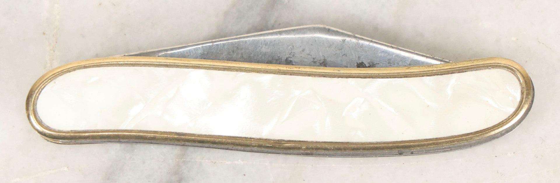 Lot 067 - Vintage Brass-Framed Pocket Knife With Mother-Of-Pearl Inlay Advertising The Bell Pump Services Co. And Joseph Simons Co., Colonial, Providence, Rhode Island, 3-1/4" L