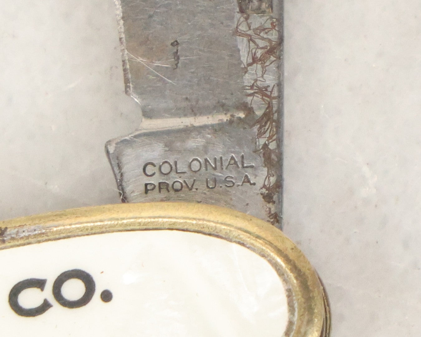 Lot 067 - Vintage Brass-Framed Pocket Knife With Mother-Of-Pearl Inlay Advertising The Bell Pump Services Co. And Joseph Simons Co., Colonial, Providence, Rhode Island, 3-1/4" L