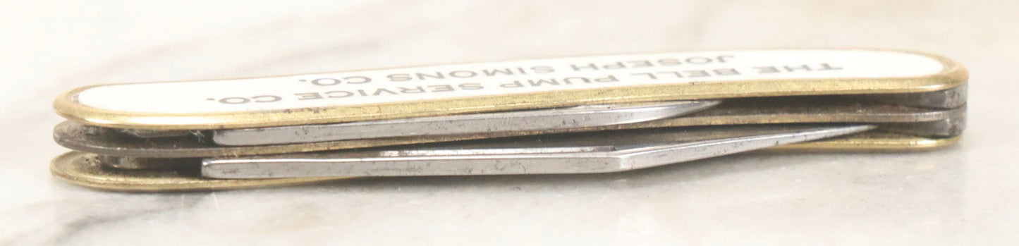 Lot 067 - Vintage Brass-Framed Pocket Knife With Mother-Of-Pearl Inlay Advertising The Bell Pump Services Co. And Joseph Simons Co., Colonial, Providence, Rhode Island, 3-1/4" L