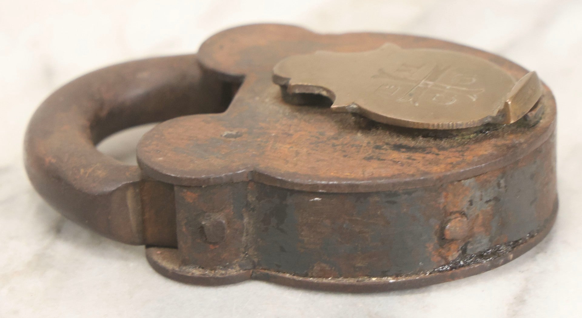 Lot 072 - Antique Cast Iron And Brass Padlock Marked “B.M.Co.” With Cross Motif On Brass Cover, Unlocked, No Key