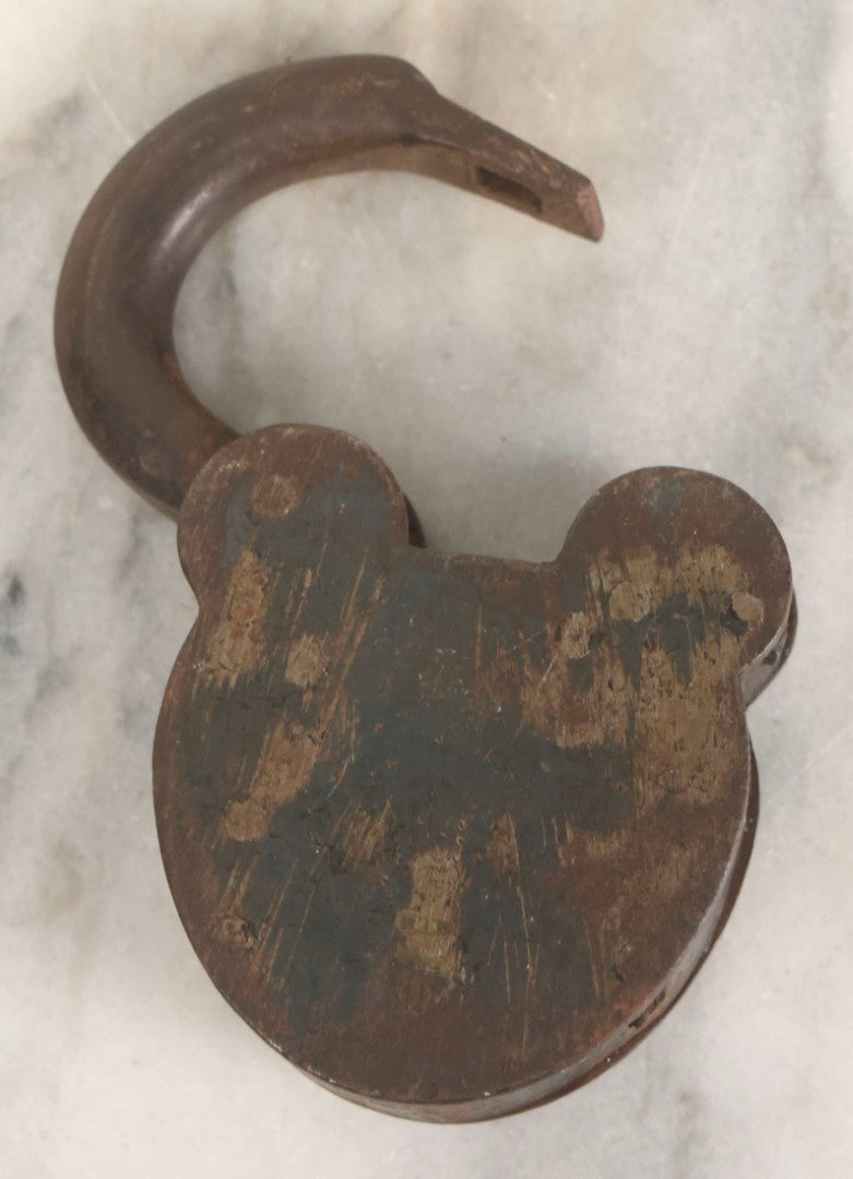 Lot 072 - Antique Cast Iron And Brass Padlock Marked “B.M.Co.” With Cross Motif On Brass Cover, Unlocked, No Key