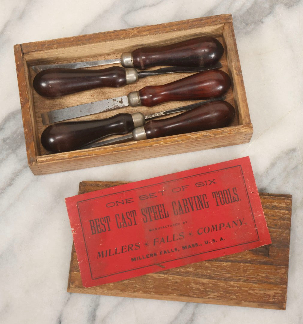 Lot 073 - Antique Boxed Set Of Five Cast Steel Wood-Handled Carving Tools By Millers Falls Company, Millers Falls, Massachusetts, In Wood Box With Original Paper Label