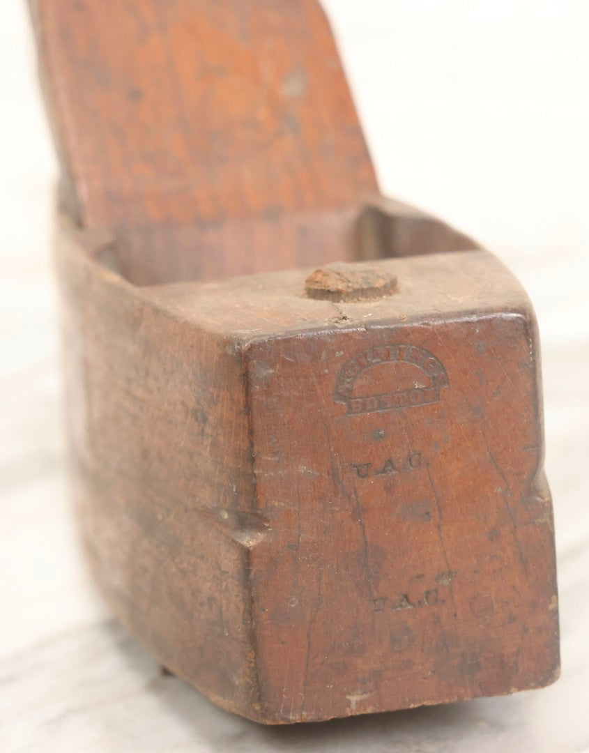 Lot 074 - Antique Handmade Coffin-Shaped Wood Plane With Engraved Pentagram Logo, Dated 1883, Marked U.A.C., Manufactured By A. Cumings, Boston, With Blade Present, 9-1/2" L
