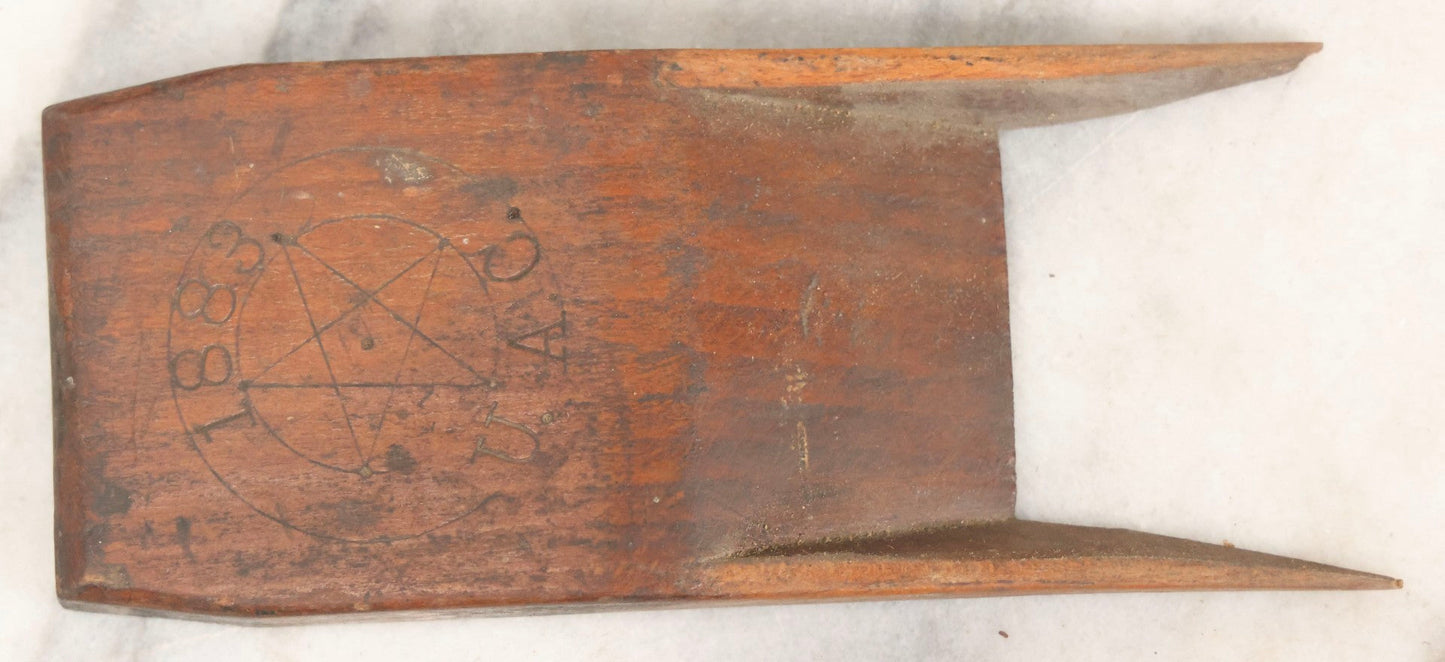 Lot 074 - Antique Handmade Coffin-Shaped Wood Plane With Engraved Pentagram Logo, Dated 1883, Marked U.A.C., Manufactured By A. Cumings, Boston, With Blade Present, 9-1/2" L
