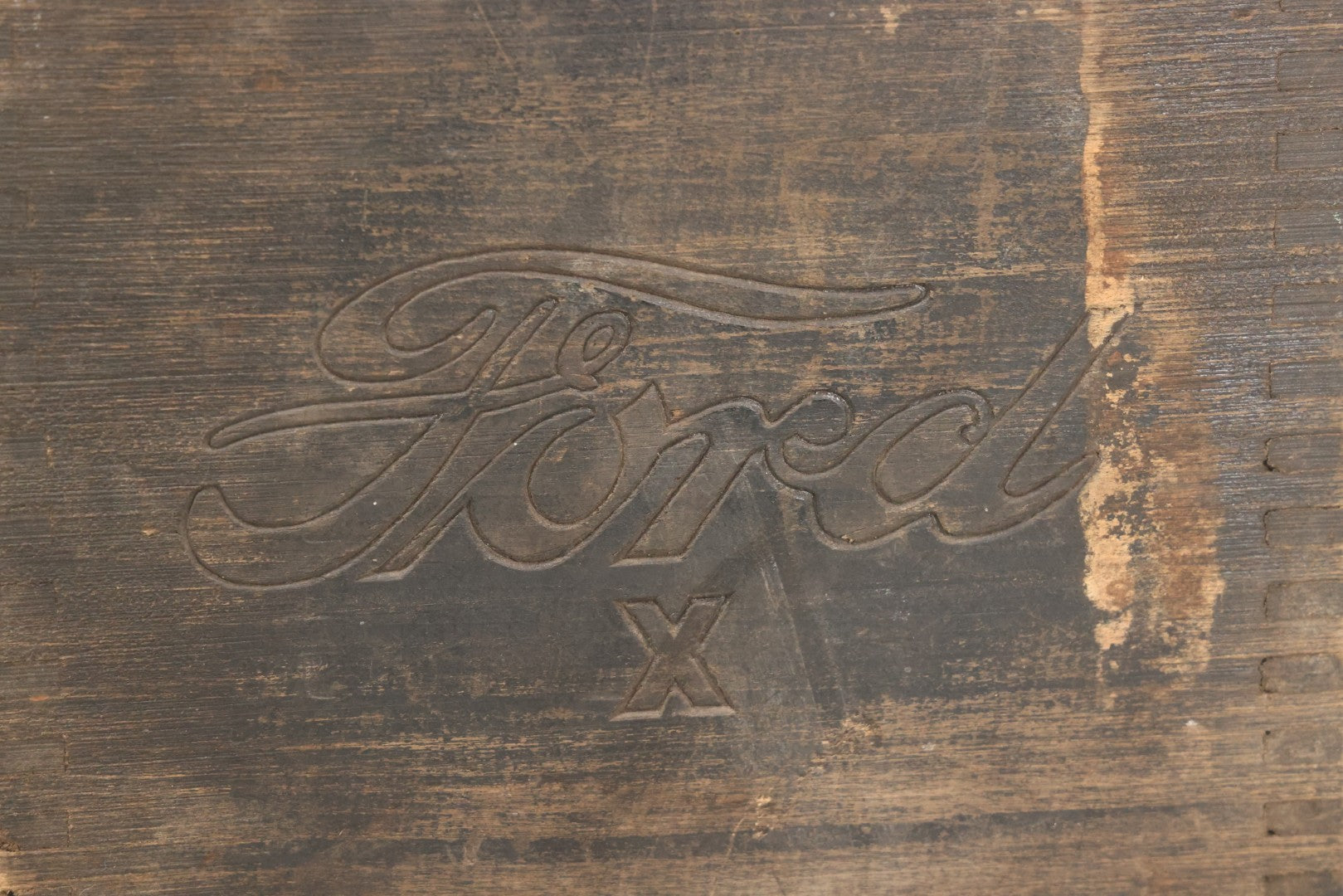 Lot 076 - Antique Finger-Jointed Wooden Box With Pressed Ford Logo And “X” Marking, Metal Side Handles, Possibly A Ford Motor Company Service Or Parts Box