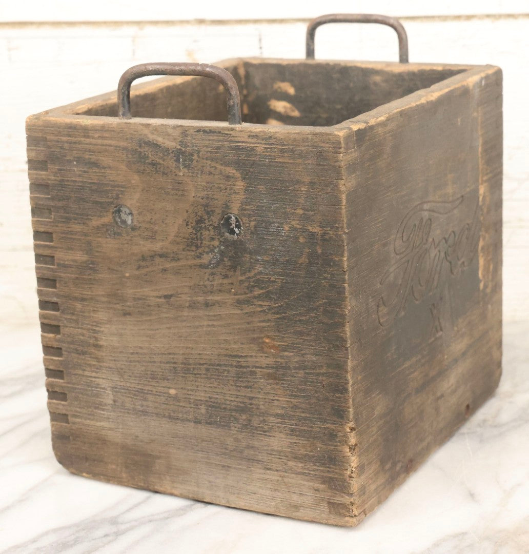 Lot 076 - Antique Finger-Jointed Wooden Box With Pressed Ford Logo And “X” Marking, Metal Side Handles, Possibly A Ford Motor Company Service Or Parts Box