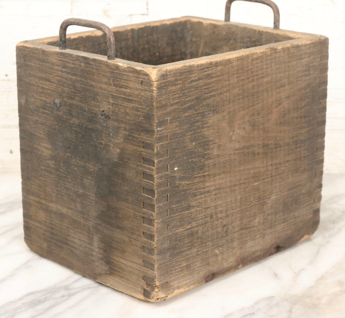 Lot 076 - Antique Finger-Jointed Wooden Box With Pressed Ford Logo And “X” Marking, Metal Side Handles, Possibly A Ford Motor Company Service Or Parts Box