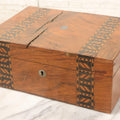 Lot 077 - Antique Burlwood Veneered Wooden Document Box With Inlaid Geometric Patterned Stripes And Center Metal Pendant