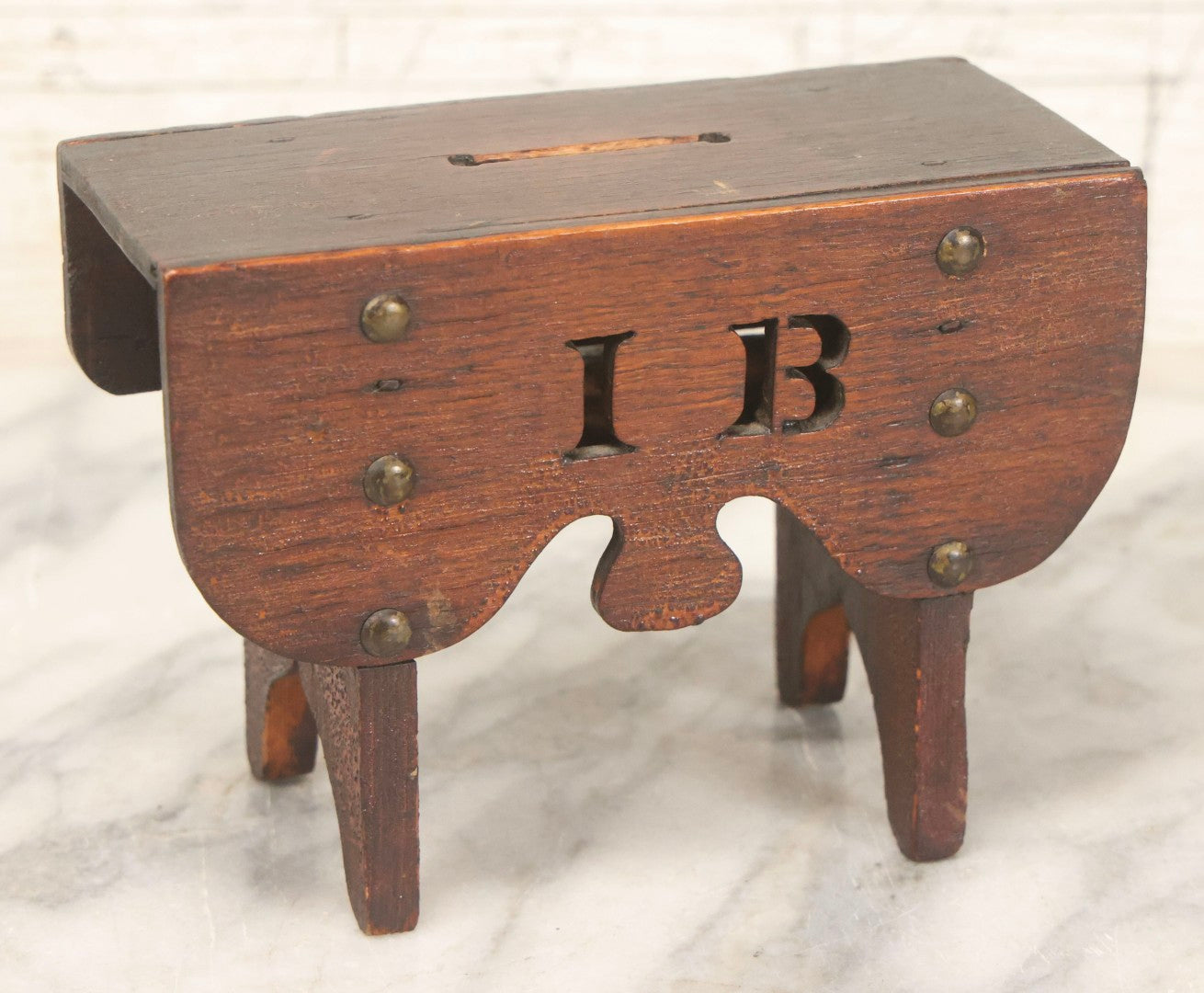 Lot 079 - Antique Folk Art Hand-Cut Wooden Razor Blade Disposal Box In The Form Of A Miniature Table Or Bench With Brass Hardware And Cut-Out Letters “I B”