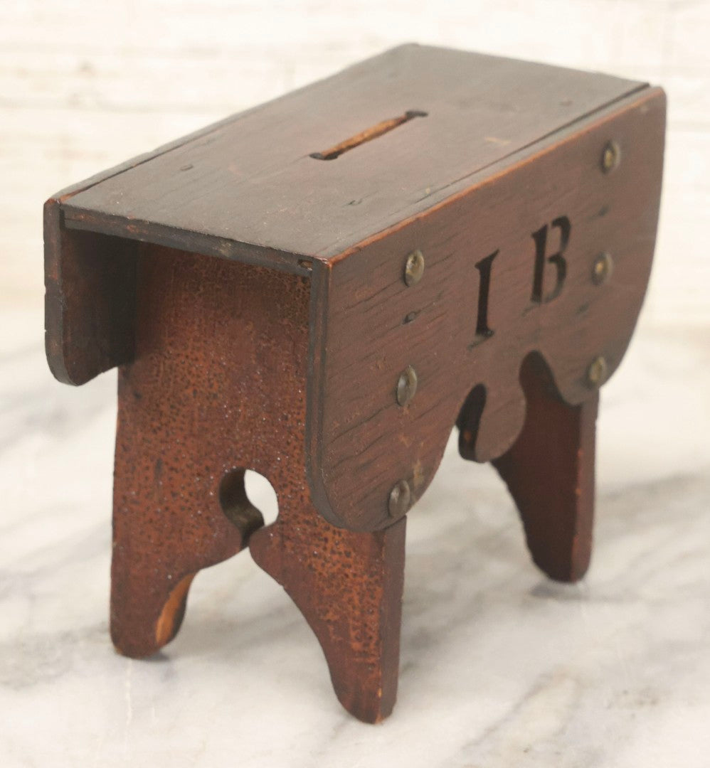Lot 079 - Antique Folk Art Hand-Cut Wooden Razor Blade Disposal Box In The Form Of A Miniature Table Or Bench With Brass Hardware And Cut-Out Letters “I B”
