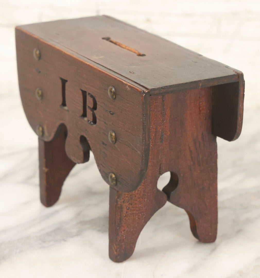 Lot 079 - Antique Folk Art Hand-Cut Wooden Razor Blade Disposal Box In The Form Of A Miniature Table Or Bench With Brass Hardware And Cut-Out Letters “I B”