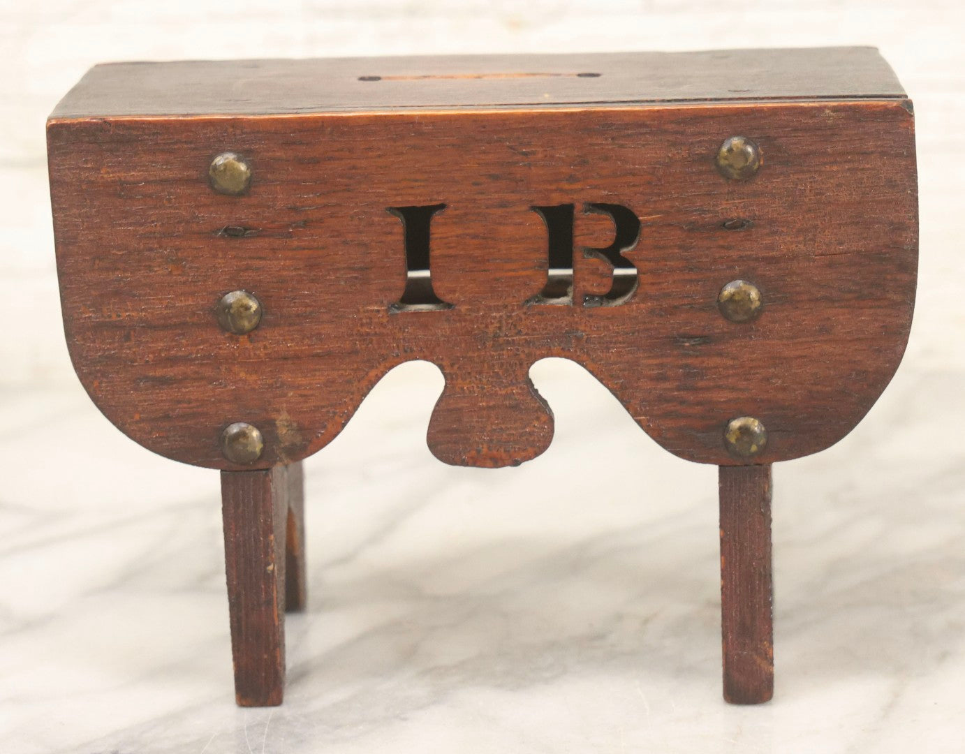 Lot 079 - Antique Folk Art Hand-Cut Wooden Razor Blade Disposal Box In The Form Of A Miniature Table Or Bench With Brass Hardware And Cut-Out Letters “I B”