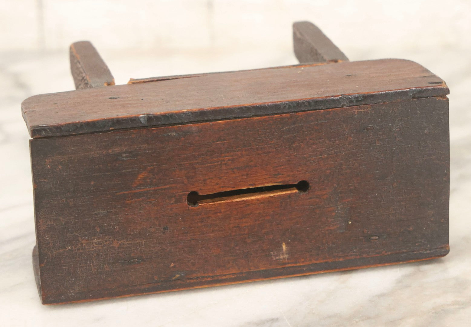 Lot 079 - Antique Folk Art Hand-Cut Wooden Razor Blade Disposal Box In The Form Of A Miniature Table Or Bench With Brass Hardware And Cut-Out Letters “I B”