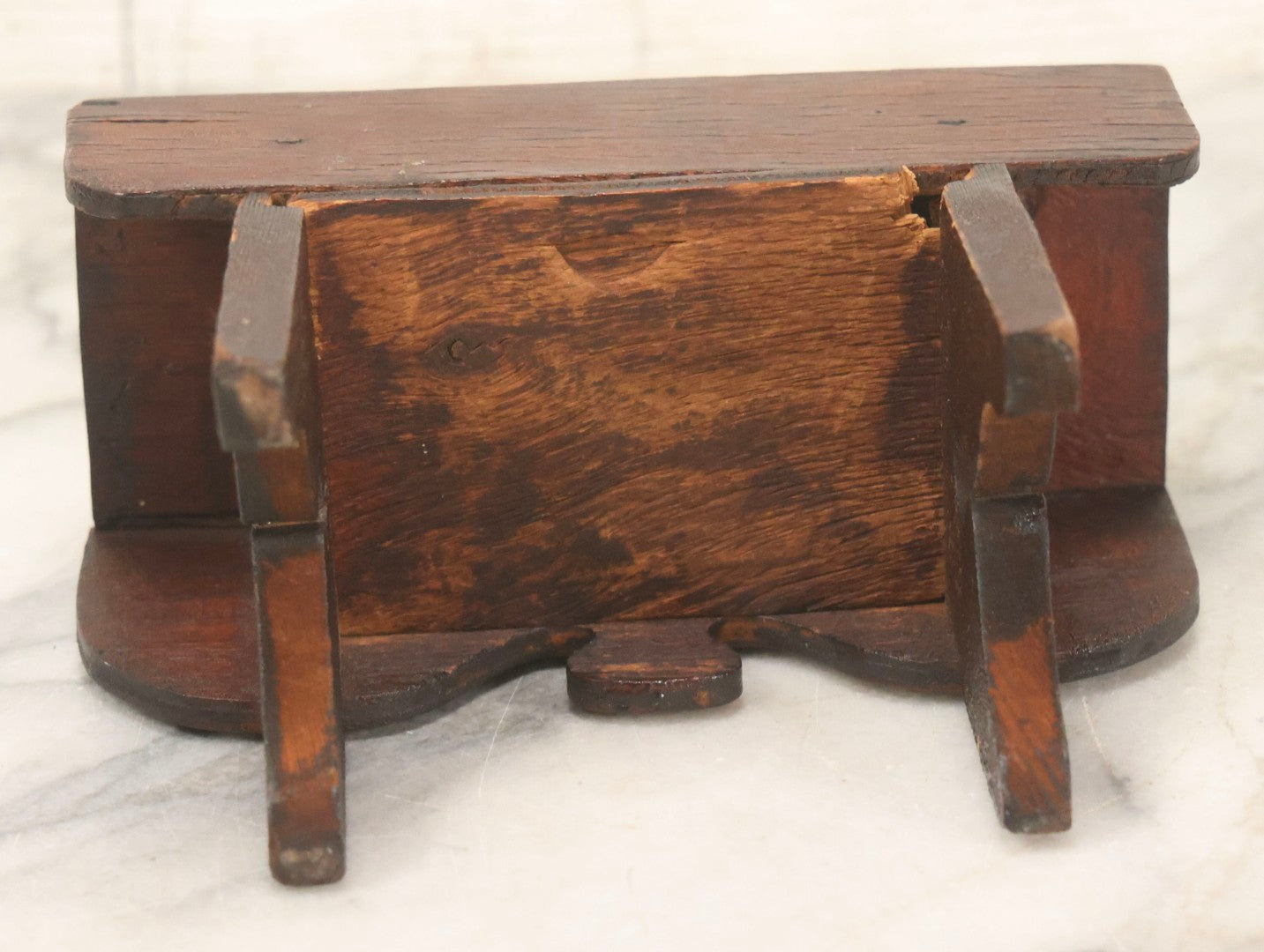 Lot 079 - Antique Folk Art Hand-Cut Wooden Razor Blade Disposal Box In The Form Of A Miniature Table Or Bench With Brass Hardware And Cut-Out Letters “I B”