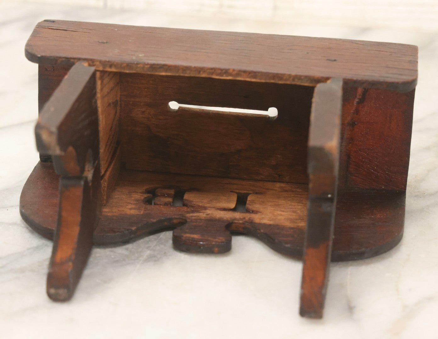 Lot 079 - Antique Folk Art Hand-Cut Wooden Razor Blade Disposal Box In The Form Of A Miniature Table Or Bench With Brass Hardware And Cut-Out Letters “I B”