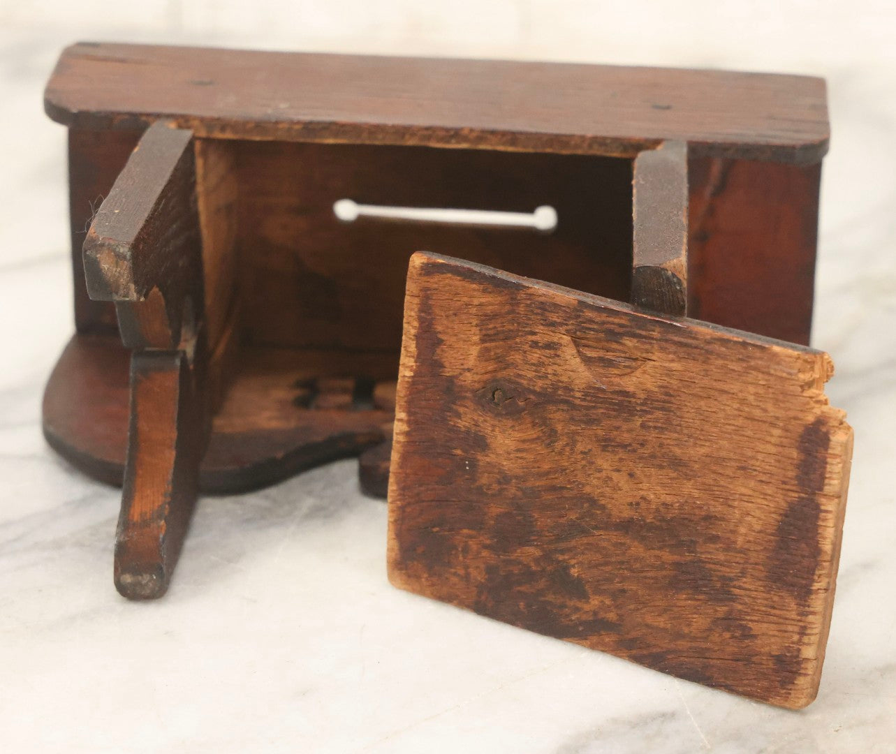 Lot 079 - Antique Folk Art Hand-Cut Wooden Razor Blade Disposal Box In The Form Of A Miniature Table Or Bench With Brass Hardware And Cut-Out Letters “I B”