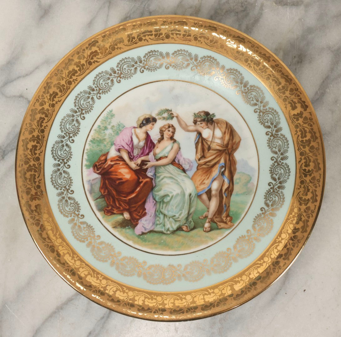 Lot 110 - Antique Limoges Porcelain Plate Featuring Wreathed Zeus And Nymphs, Gilt Decorative Border, Sky Blue Surround, Three Limoges Stamps On Base, 9-1/2" Diameter