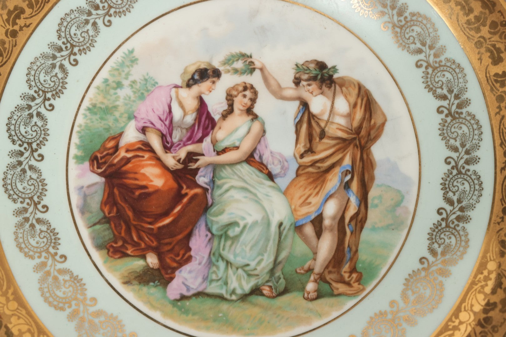 Lot 110 - Antique Limoges Porcelain Plate Featuring Wreathed Zeus And Nymphs, Gilt Decorative Border, Sky Blue Surround, Three Limoges Stamps On Base, 9-1/2" Diameter