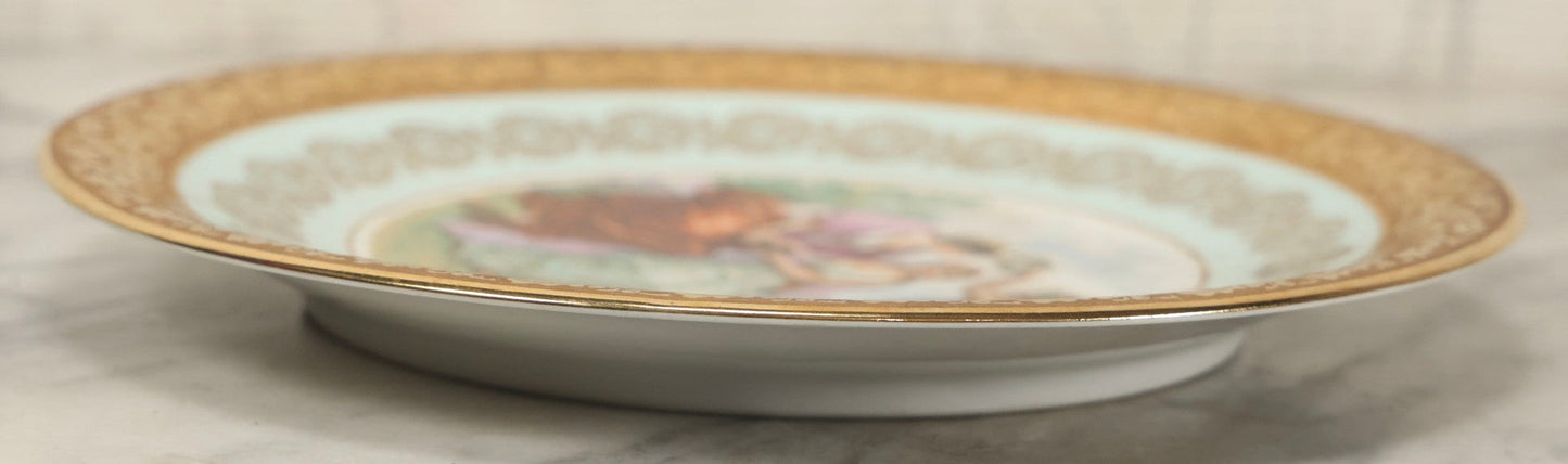 Lot 110 - Antique Limoges Porcelain Plate Featuring Wreathed Zeus And Nymphs, Gilt Decorative Border, Sky Blue Surround, Three Limoges Stamps On Base, 9-1/2" Diameter
