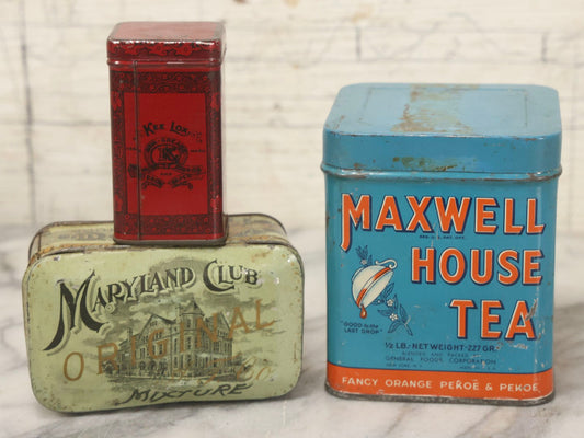 Lot 124 - Grouping Of Three Antique And Vintage Tins Including Maxwell House Tea, Kee Lox Typewriter Ribbon, And Maryland Club Tobacco