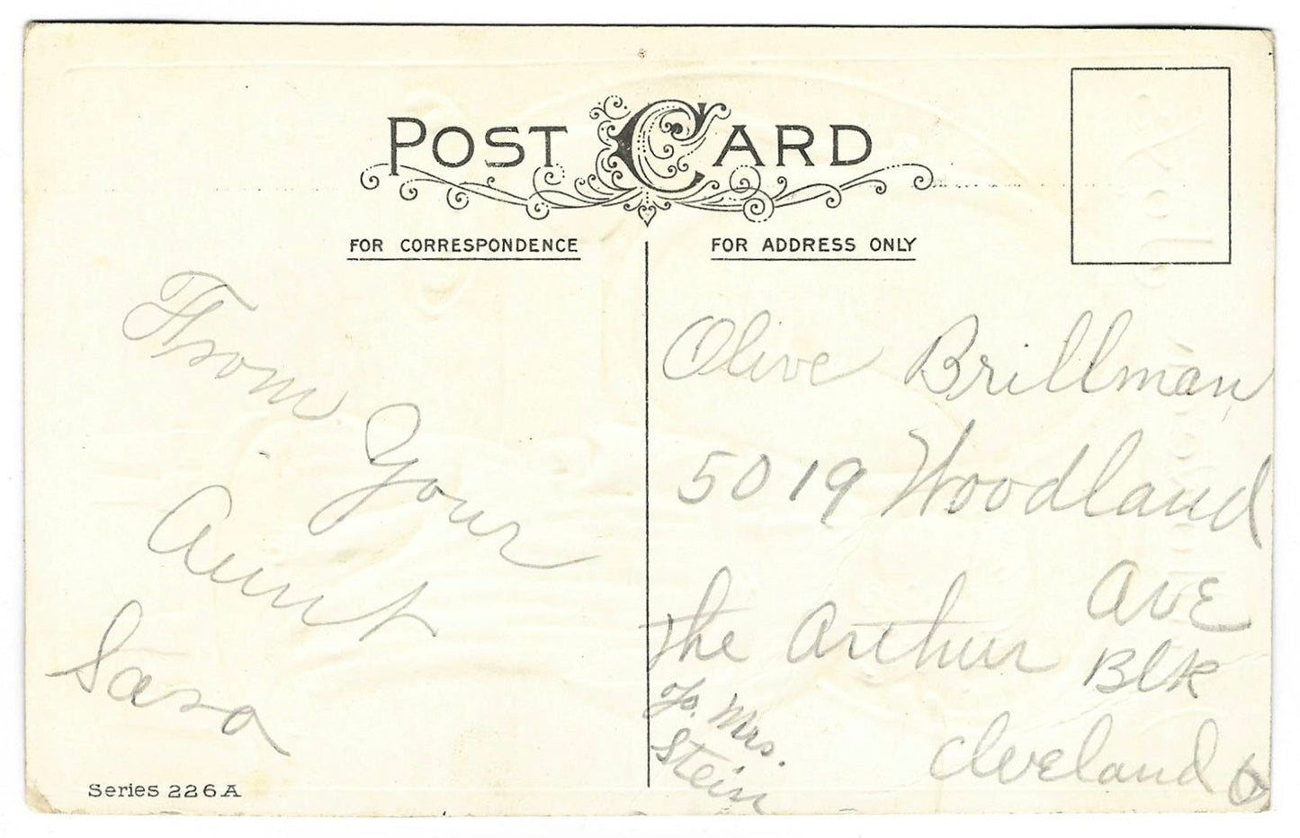 Lot 134 - Antique Embossed Glitter Hallowe'en Postcard “Hallowe'en Joys” Depicting Girl With Candle Before Mirror, “Ralph” Written In Reflection, Series 226A, Not Postmarked, Addressed To Cleveland, Ohio