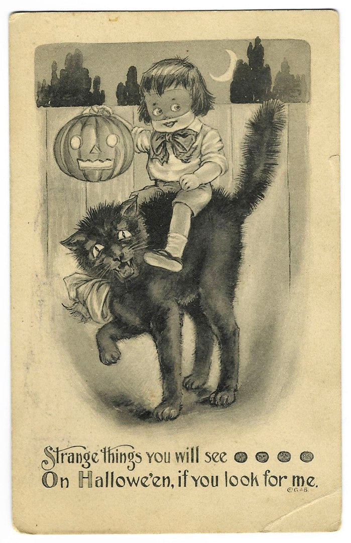 Lot 135 - Antique Black-And-White Hallowe'en Postcard “Strange Things You Will See On Hallowe'en” Depicting Child Riding Black Cat With Jack-O-Lantern, C.G. & B., Gartner & Bender Publishers., Chicago, Postmarked Connecticut, 1915, Written On Verso